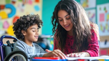 A teacher providing one-on-one support to a student with special needs during a class activity