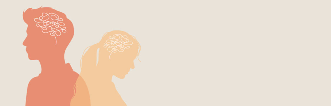 Metaphor mental health disorder. Male and female silhouette. Split personality. Concept of anxiety, mood disorder, psychology. Dual personality. Tangled thoughts. Emotional struggles.