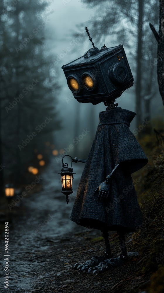 Poster dark robot in foggy forest with lantern