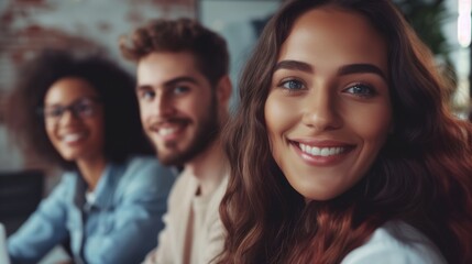 Obraz premium Friendly business team smiling at office desk