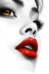 Obraz premium A stunning vector graphic of a womans face, showcasing grey hair, bold red lips, and defined contours on a white backdrop.