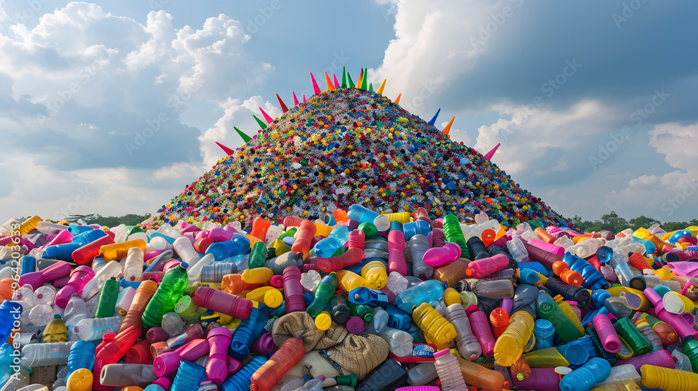 Poster an expansive scene depicting a titanic heap of plastic refuse and adorned with a multitude of bright