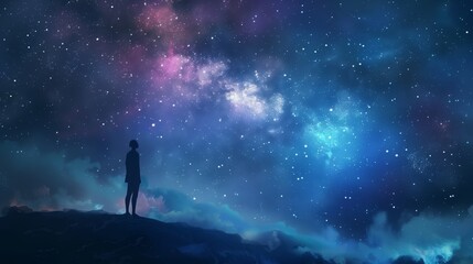 Obraz premium A Person Gazing at a Starry Night Sky With Galaxy Clouds and Sparkling Stars - Digital Illustration for Inspiration