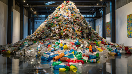 Obraz premium An expansive scene depicting a titanic heap of plastic refuse and adorned with a multitude of brightly colored bottles and sacks pointing upwards. 