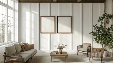 Farmhouse style living room, vertical framed wall model on empty white wall - 3D rendering