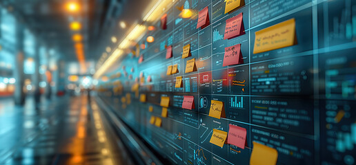 A wall covered with colorful sticky notes and diagrams. It is a representation of brainstorming, planning, and project management.