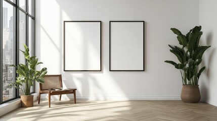 Farmhouse style living room, vertical framed wall model on empty white wall - 3D rendering