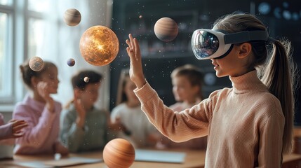 A teacher using augmented reality to bring a science lesson to life, with students exploring 3D models of planets