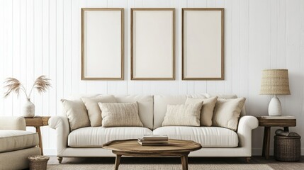 Farmhouse style living room, vertical framed wall model on empty white wall - 3D rendering