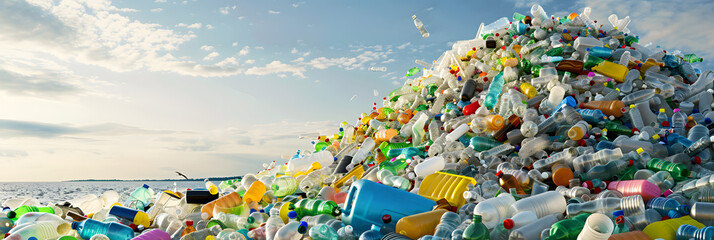 Fototapeta premium An expansive view of an enormous mountainous pile of plastic waste and with colorful bottles and bags reaching towards the sky. 