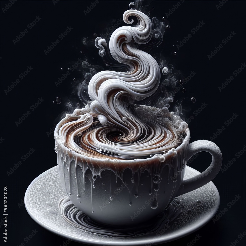 Poster a close-up of a steaming cup of coffee with a visually captivating swirl of cream creating intricate