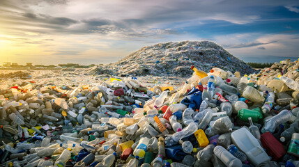 An expansive view of an enormous mountainous pile of plastic waste and with colorful bottles and bags reaching towards the sky. 