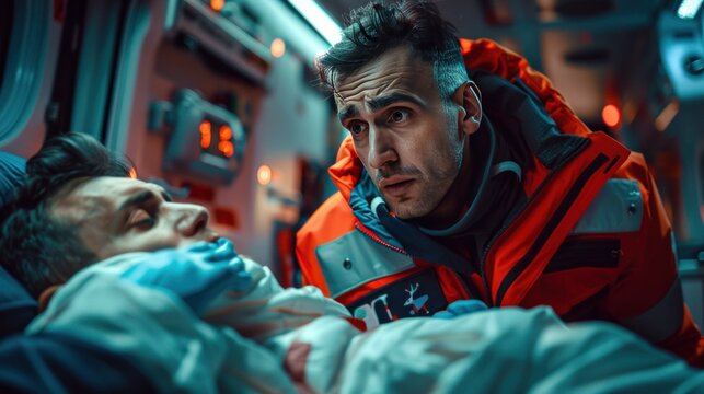 A paramedic treating a patient in an ambulance with dim lighting and an urgent, serious atmosphere.