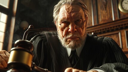 Fototapeta premium A judge using a gavel in a courtroom with dramatic lighting and a serious atmosphere.