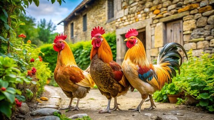 Three majestic hens with radiant plumage, one with a vibrant rooster-like comb, strut across a rustic French farmyard, surrounded by verdant vines and rustic stone walls.