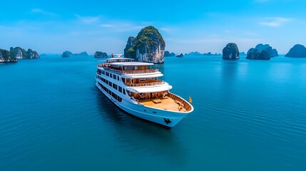 Cruise through Ha Long Bay, Vietnam, on a traditional boat surrounded by towering limestone islands and emerald waters. 