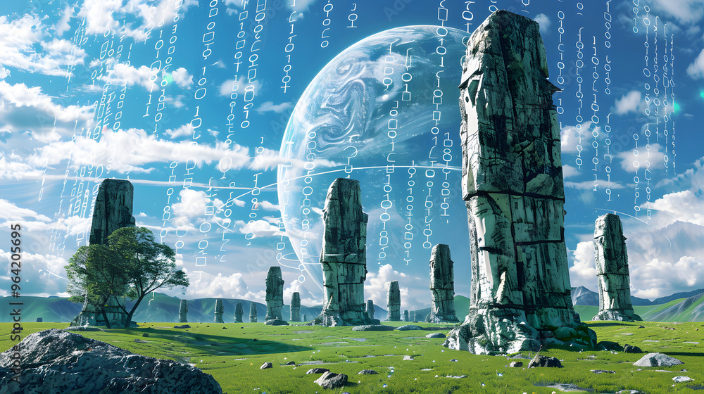 Poster ancient ruins where crumbling stone columns transform into towering antennas and hieroglyphs morph i