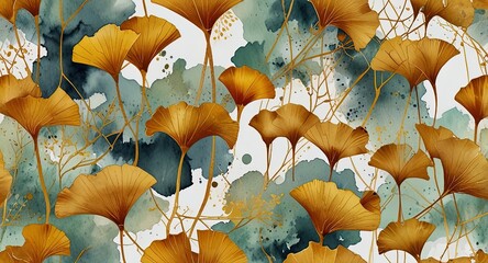An abstract watercolor art background featuring gingko leaves and botanical line art. The design includes luxurious golden textures and brush-style strokes, perfect for a cover or wall decoration