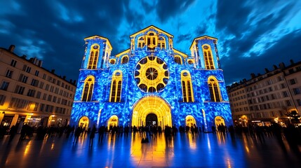 Fototapeta premium Experience the Festival of Lights in Lyon, France, where buildings and streets are illuminated in a dazzling display of art and light. 