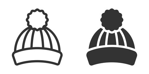 Minimalist vector illustration of a winter hat with a pom-pom, shown in outline and filled styles.