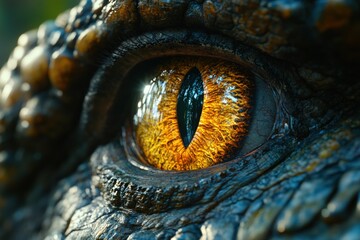 Close-up of a reptile's golden eye with a black pupil.