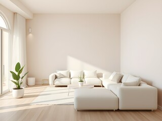 Cozy Modern Living Room with Beige Walls, White Furniture, Potted Plant, and Soft Zen Minimalist Decor – A Relaxing 3D Interior Background 