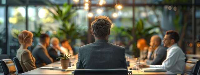 A business meeting in a modern conference room. Bright lighting, collaborative atmosphere.