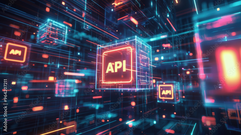Poster holographic representation of glowing blocks with api text, showcasing futuristic digital environmen