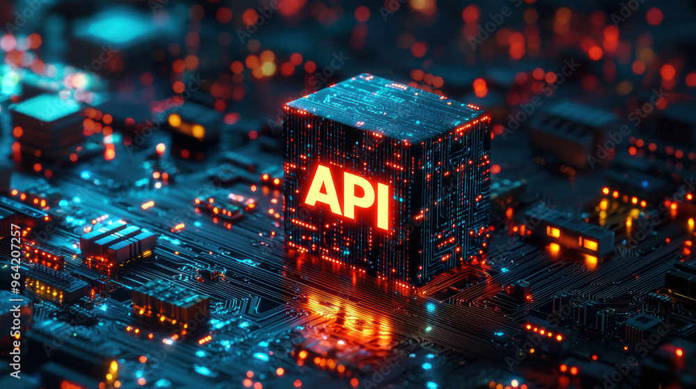 Poster a glowing neon cube with text api stands out against vibrant circuit board background, symbolizing t