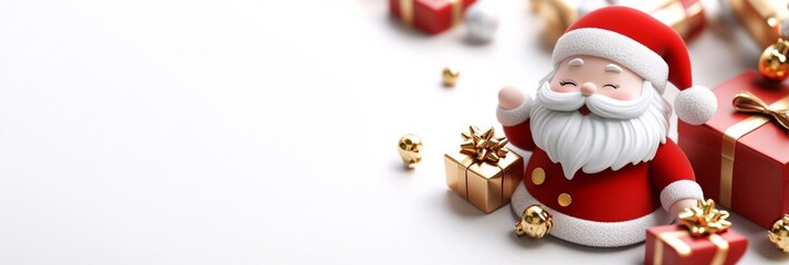 A cute, cartoon-like Santa Claus figurine surrounded by golden and red gift boxes on a clean white background