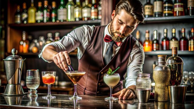  barman preparing and serving cocktails