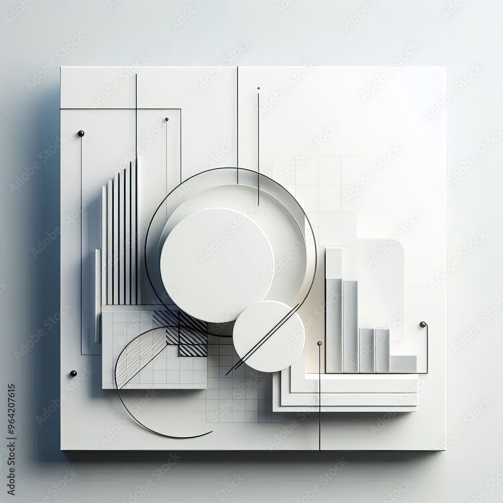 Poster a visually striking modern abstract art installation featuring intricate geometric shapes in white. 