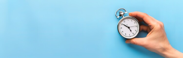 Hand holding a vintage silver stopwatch on a blue background. Time management and deadline concept. Minimalist, clean design.