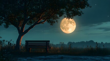Bench bathed in moonlight, tree nearby with a full moon image