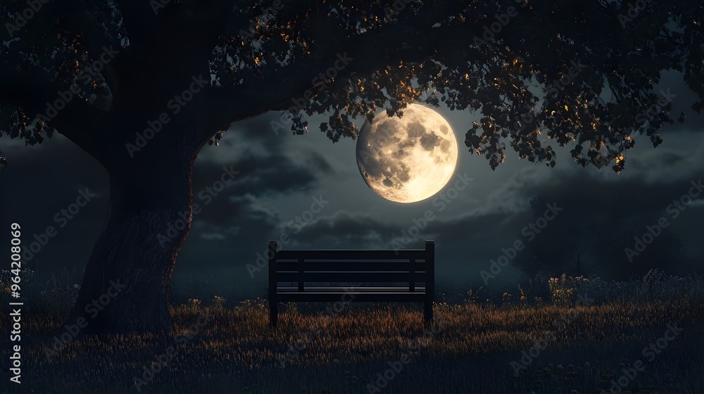 Poster full moon above bench with tree casting a gentle shade picture