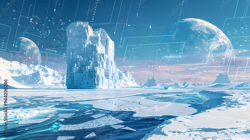 Poster arctic tundra with icebergs shaped like computer chips and snow drifts blending into digital wavefor
