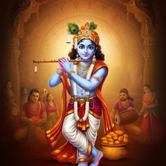 Fototapeta premium Indian hindu festival of janmashtami celebration card background illustration art.