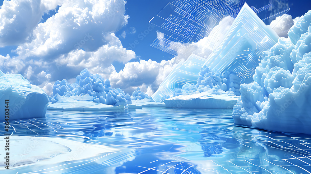 Poster arctic tundra with icebergs shaped like computer chips and snow drifts blending into digital wavefor