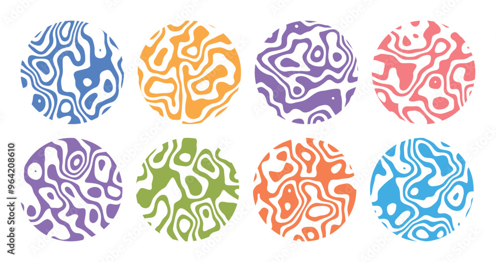 Poster set of colorful liquid wavy round shapes. abstract circle round with wavy fluid line. textured line 