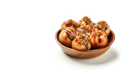 simple warm takoyaki on wooden bowl on white background with copy space