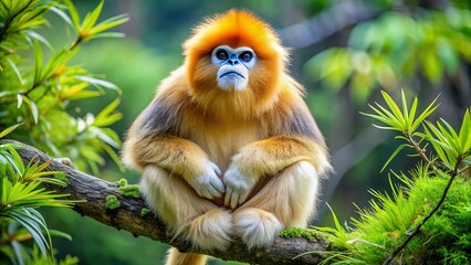 Obraz premium A majestic golden snub-nosed monkey with a fluffy golden coat and a long snub nose, perched atop a lush green tree branch