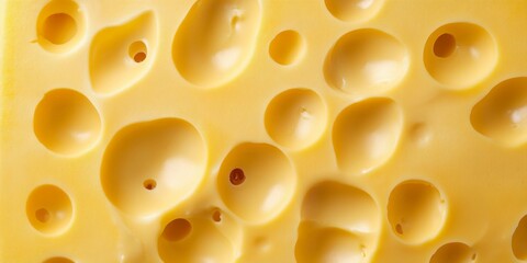 A detailed closeup of a textured yellow cheese slice featuring distinctive holes and patterns