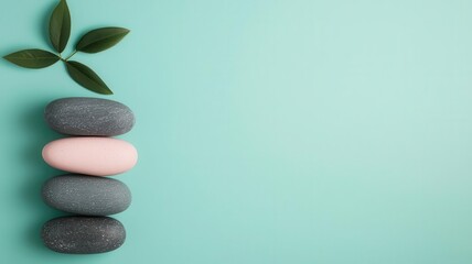 Fototapeta premium A tranquil arrangement of smooth stones and green leaves on a mint background, symbolizing peace and wellness.