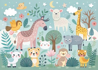 Fototapeta premium whimsical animal world design vector illustrations pastel colors flat style mood