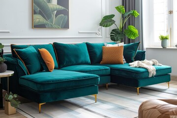 Fototapeta premium Dark teal velvet fabric sofa with chaise lounge, gold legs, and brass armrests, modern living room with plants and white walls.