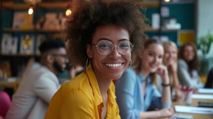 Positive young woman smiling while working in a creative team environment