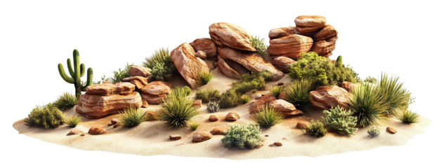 Set of massive boulders with dry bushes and cacti in a desert landscape, cut out