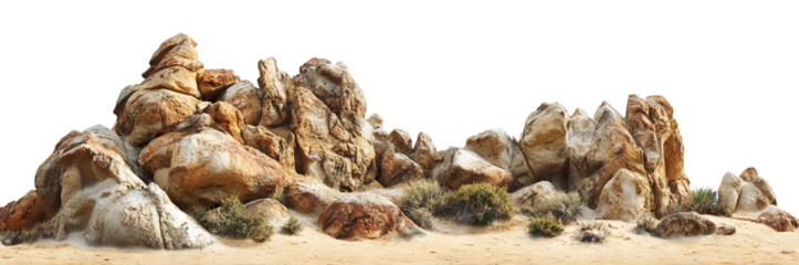Set of massive boulders with dry bushes in a desert landscape, cut out