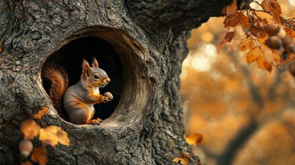 Obraz premium Autumnal oak tree with a large cavity hosting a joyful squirrel holding an acorn.