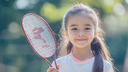 Happy sporty elementary school age girl  child playing badminton  holding a racket making funny faces  portrait  lifestyle.